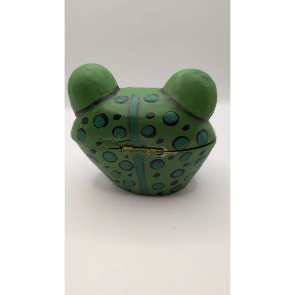 Vintage Hand Painted Wooden Frog Trinket Box Hinged Lid Storage Container
